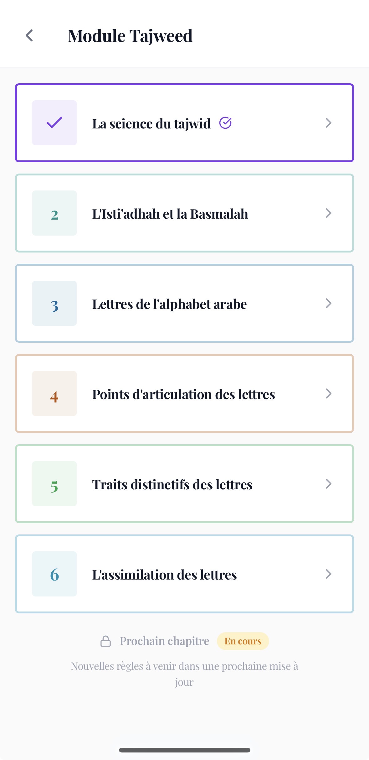 Liste des chapitres du module Tajweed de QuranMemorize