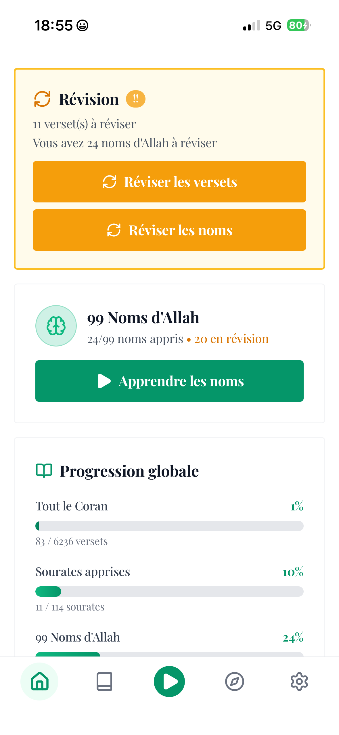 Tableau de bord QuranMemorize avec révisions et progression du Coran